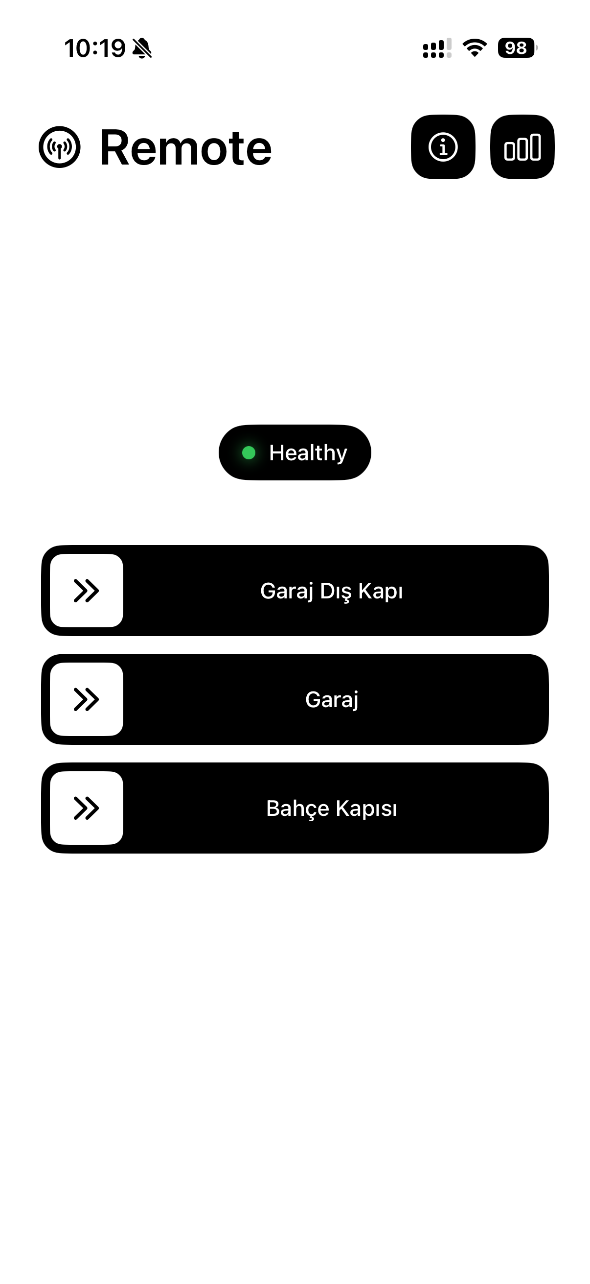 App home screen with three door controls